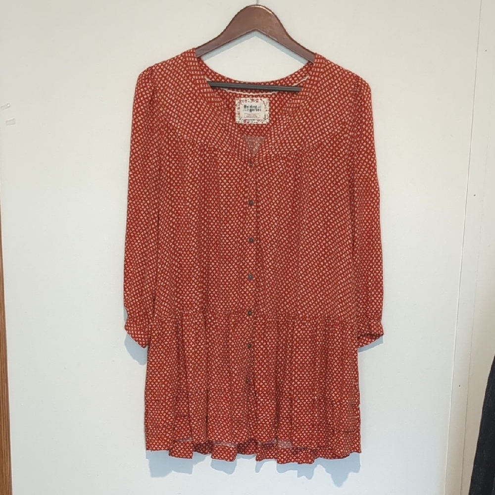 Anthropologie Red Orange Ditsy Blouse Holding Horses L Tiered Cottage - Picture 3 of 6